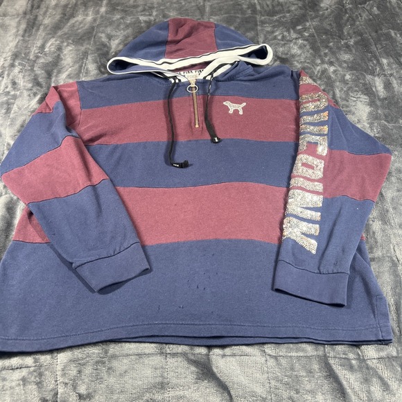 PINK Victoria's Secret Tops - Victoria's Secret PINK SEQUINS BLING STRIPED‎ Hoodie RUGBY Perfect 1/4 Zip Large
